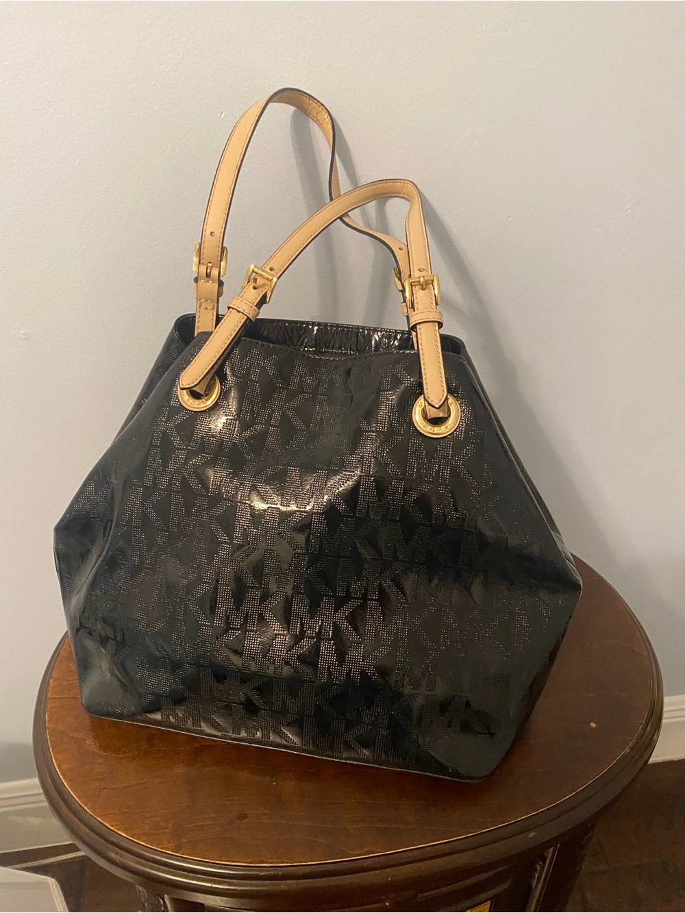 Michael Kors Black Logo Satchel with Tan Leather Handles